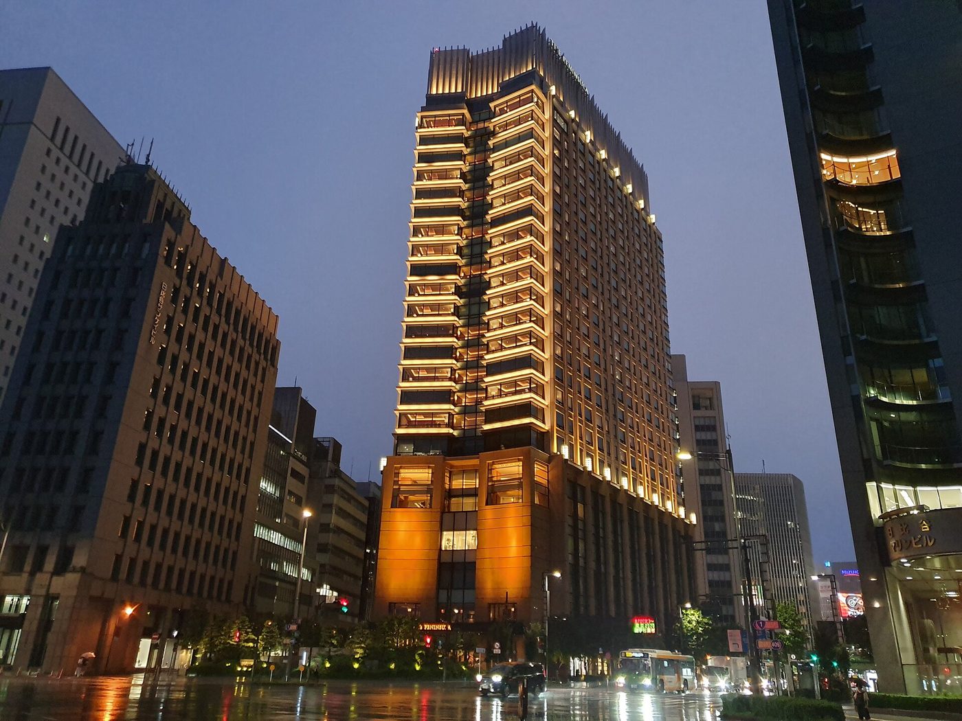 The Peninsula Tokyo lit at dusk